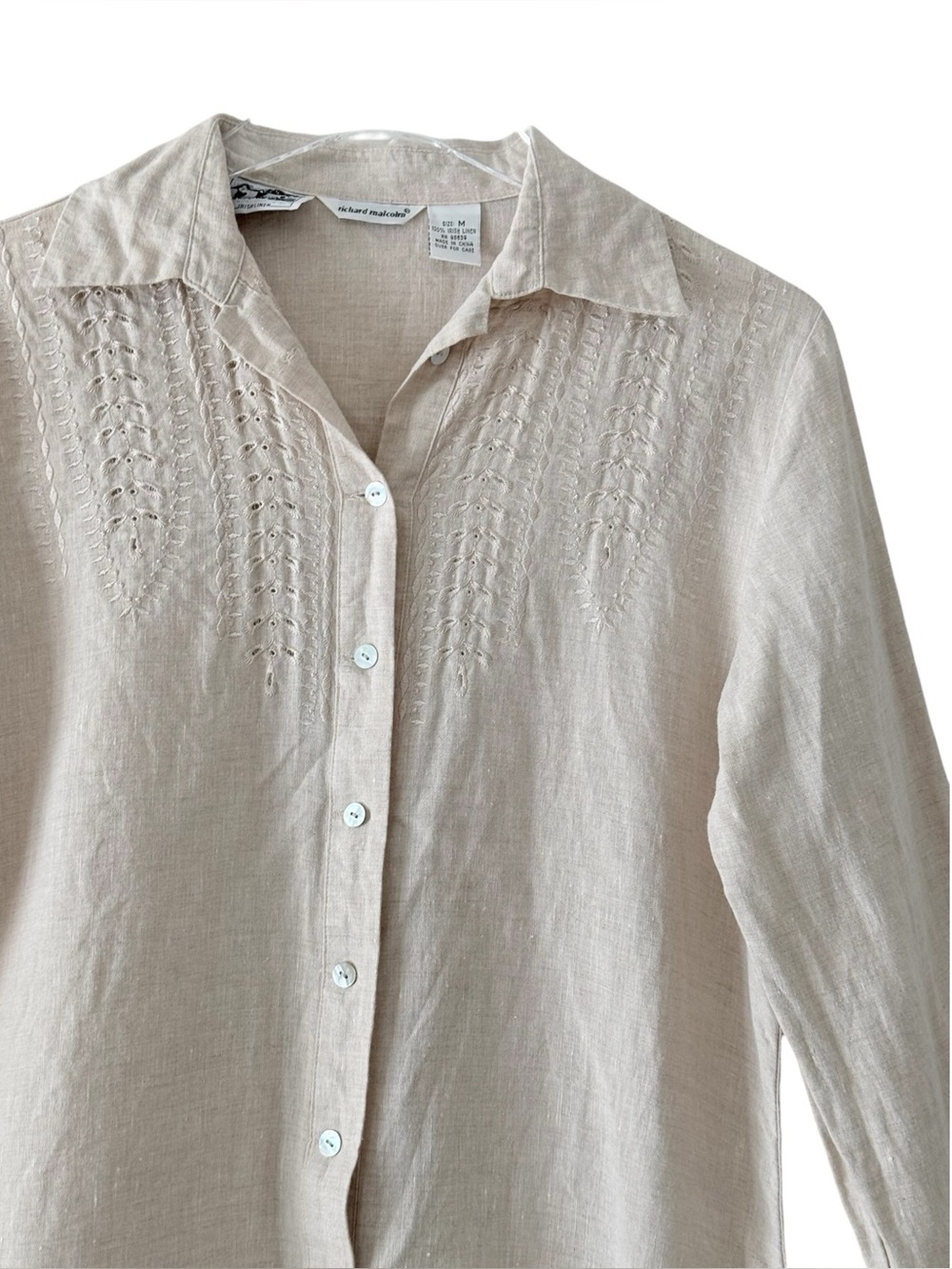 100% Linen Embroidered Button-Down Shirt Neutral Khaki Richard Malcolm Medium